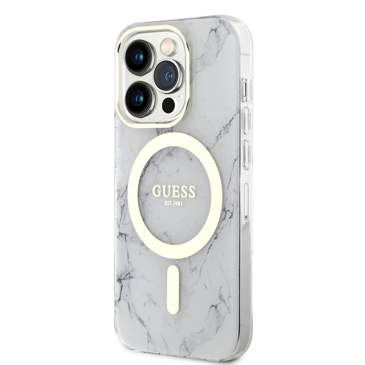 Apple iPhone 13 Pro Max Kılıf GUESS Magsafe Şarj Özellikli Mermer Desenli Kapak Beyaz