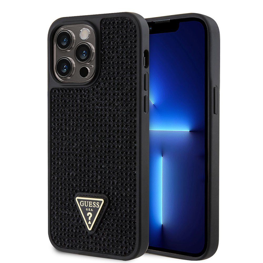 Apple iPhone 13 Pro Max Kılıf Guess Orjinal Lisanslı Taşlı Arka Yüzey Üçgen Logolu Kapak Gümüş