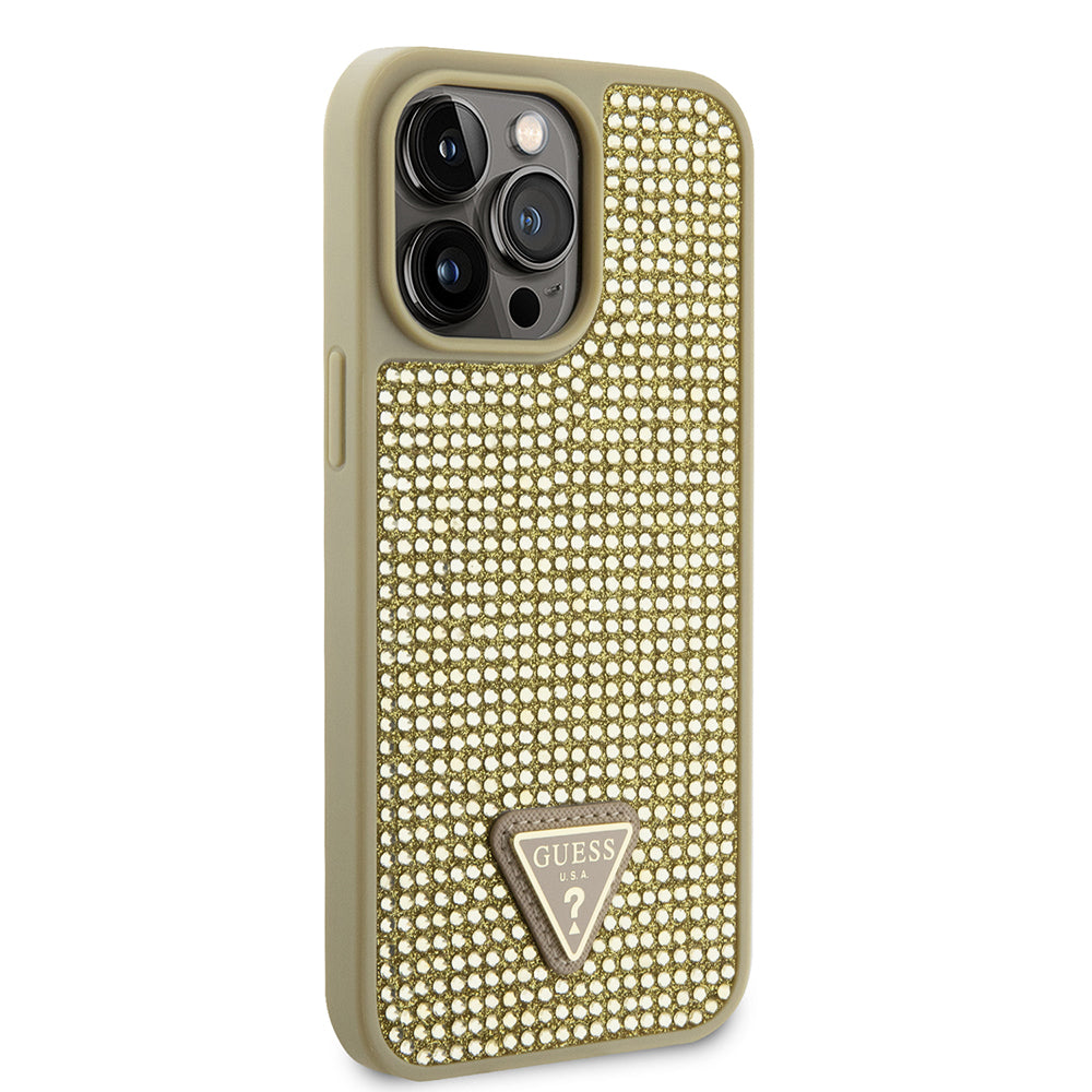 Apple iPhone 13 Pro Max Kılıf Guess Orjinal Lisanslı Taşlı Arka Yüzey Üçgen Logolu Kapak Gold