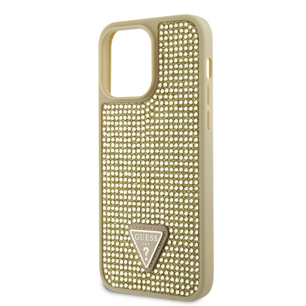 Apple iPhone 13 Pro Max Kılıf Guess Orjinal Lisanslı Taşlı Arka Yüzey Üçgen Logolu Kapak Gold