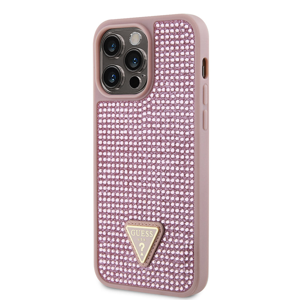 Apple iPhone 13 Pro Max Kılıf Guess Orjinal Lisanslı Taşlı Arka Yüzey Üçgen Logolu Kapak Gold