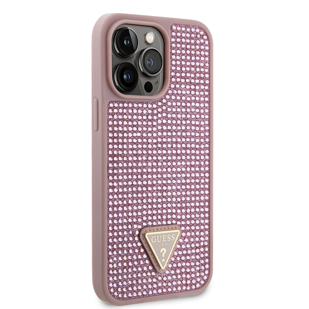 Apple iPhone 13 Pro Max Kılıf Guess Orjinal Lisanslı Taşlı Arka Yüzey Üçgen Logolu Kapak Gold
