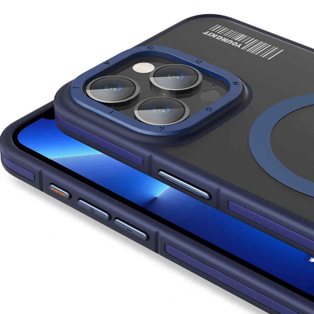iPhone 13 Pro Max Kılıf Magsafe Şarj Özellikli Youngkit Rock Sand Serisi Kılıf Mavi