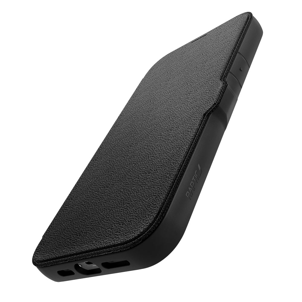 iPhone 13 Pro Max Kılıf Vegan Deri Tasarımlı Şeffaf Arka Yüzey Kartlıklı Raptic Urban Folio Serisi Kılıf Siyah