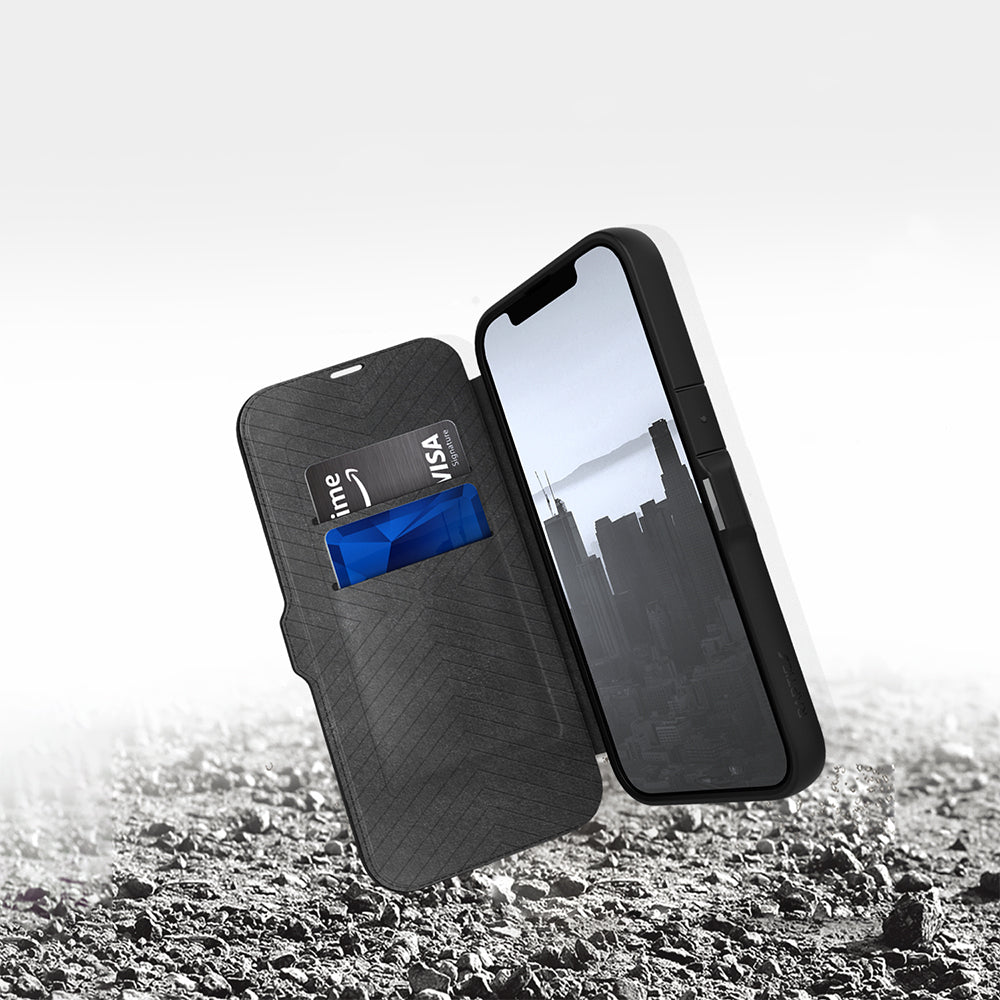 iPhone 13 Pro Max Kılıf Vegan Deri Tasarımlı Şeffaf Arka Yüzey Kartlıklı Raptic Urban Folio Serisi Kılıf Siyah