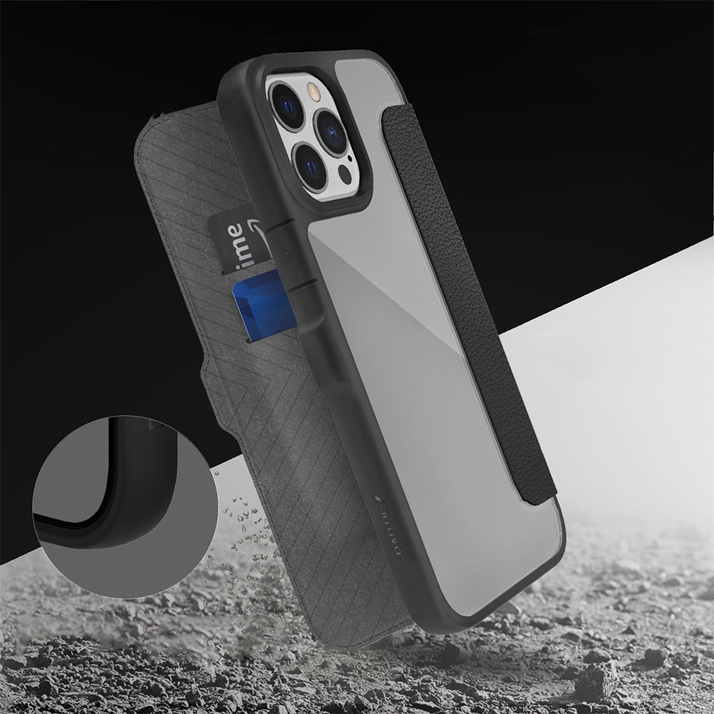 iPhone 13 Pro Max Kılıf Vegan Deri Tasarımlı Şeffaf Arka Yüzey Kartlıklı Raptic Urban Folio Serisi Kılıf Siyah