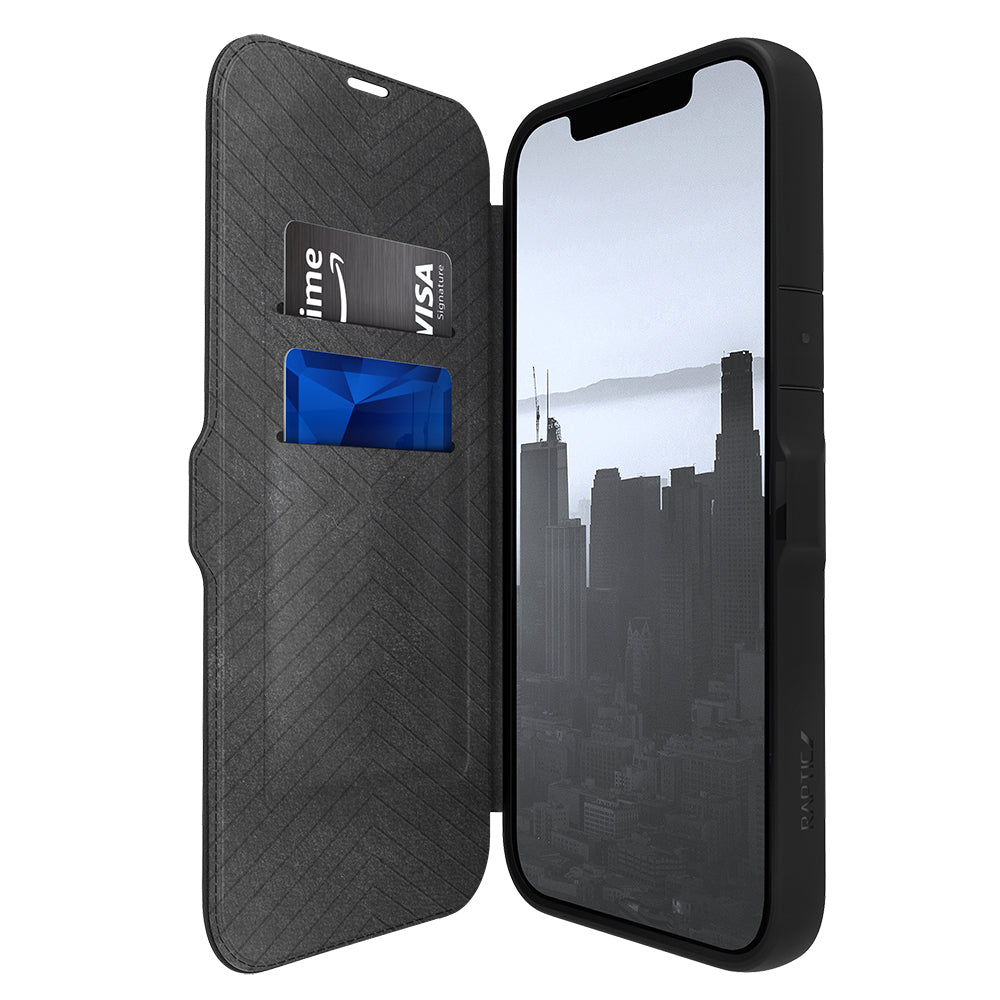 iPhone 13 Pro Max Kılıf Vegan Deri Tasarımlı Şeffaf Arka Yüzey Kartlıklı Raptic Urban Folio Serisi Kılıf Siyah