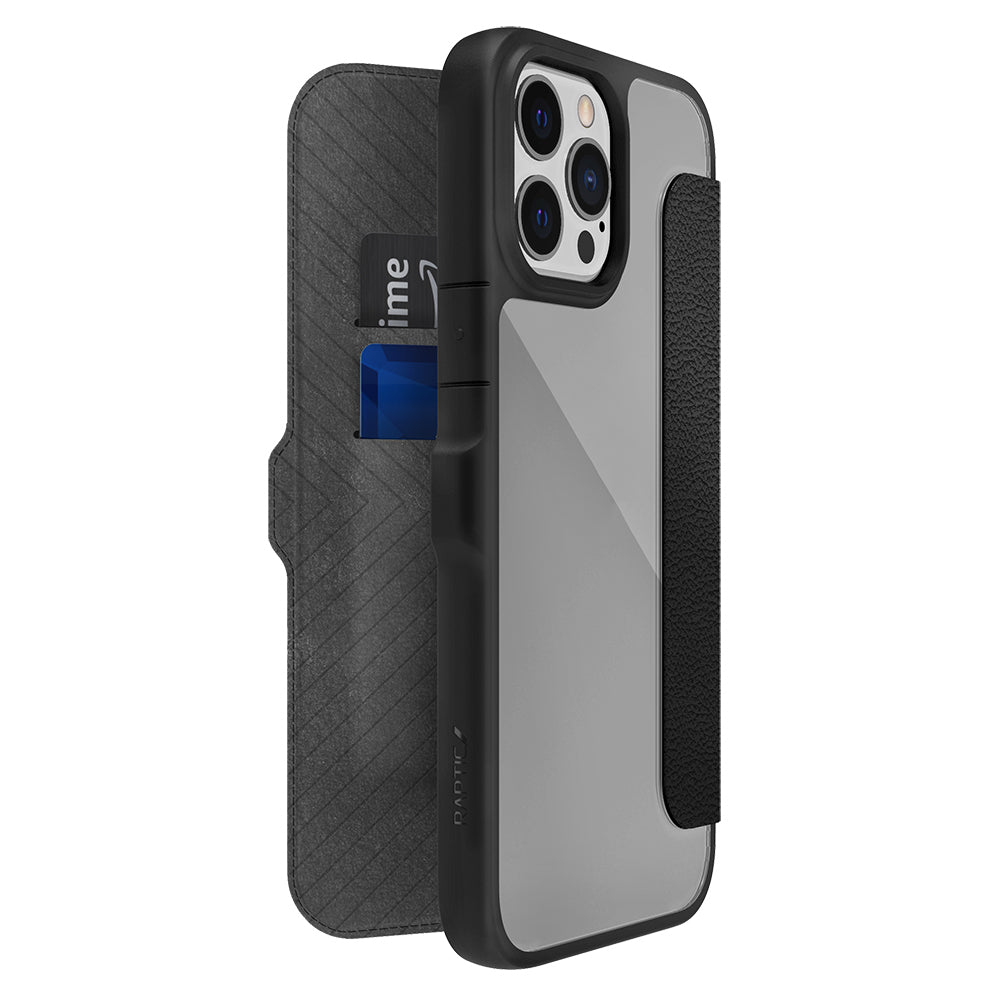 iPhone 13 Pro Max Kılıf Vegan Deri Tasarımlı Şeffaf Arka Yüzey Kartlıklı Raptic Urban Folio Serisi Kılıf Siyah