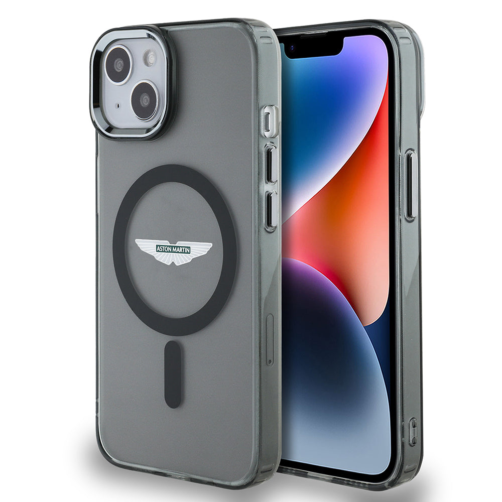 Apple iPhone 14 Kılıf Aston Martin Orjinal Lisanslı Magsafe Şarj Özellikli IML Baskı Logolu Metal Düğmeli Kapak Siyah
