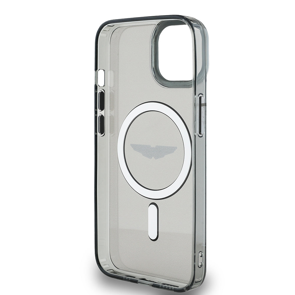 Apple iPhone 14 Kılıf Aston Martin Orjinal Lisanslı Magsafe Şarj Özellikli IML Baskı Logolu Metal Düğmeli Kapak Siyah