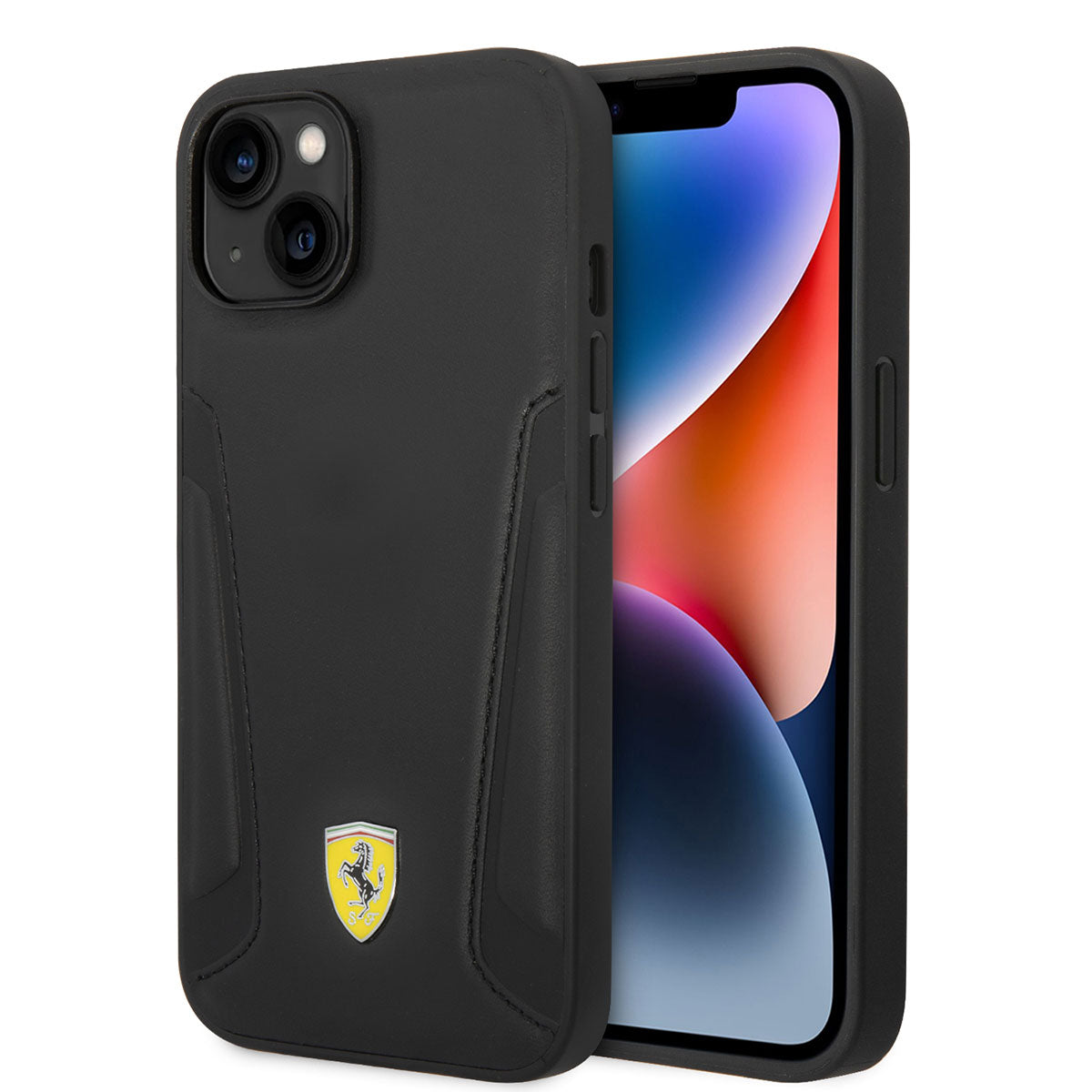 iPhone 14 Kılıf Ferrari Magsafe Şarj Özellikli Deri Kenarları Damgalı Dizayn Kılıf Siyah