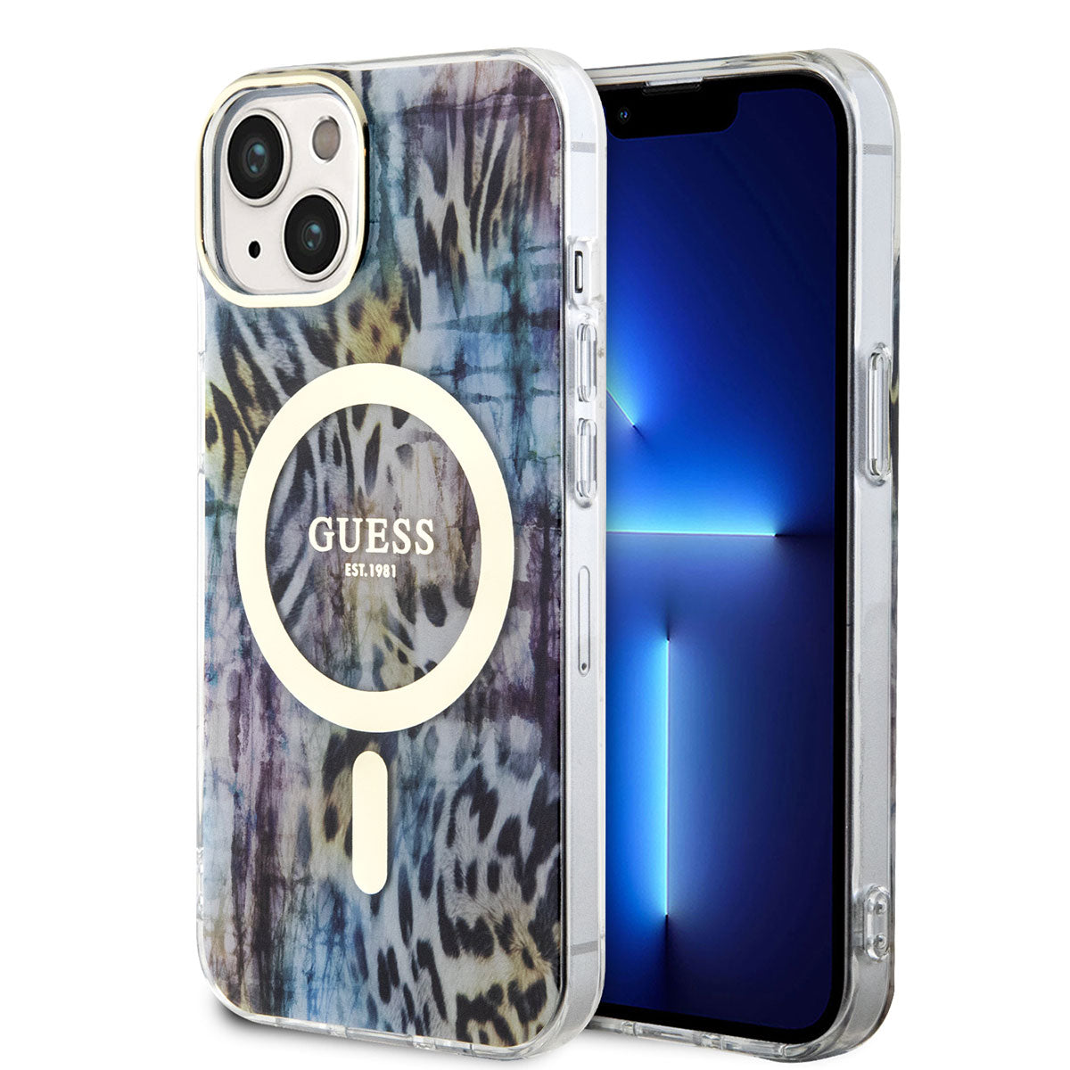 Apple iPhone 14 Kılıf GUESS Magsafe Şarj Özellikli Leopar Desenli Kapak Mavi