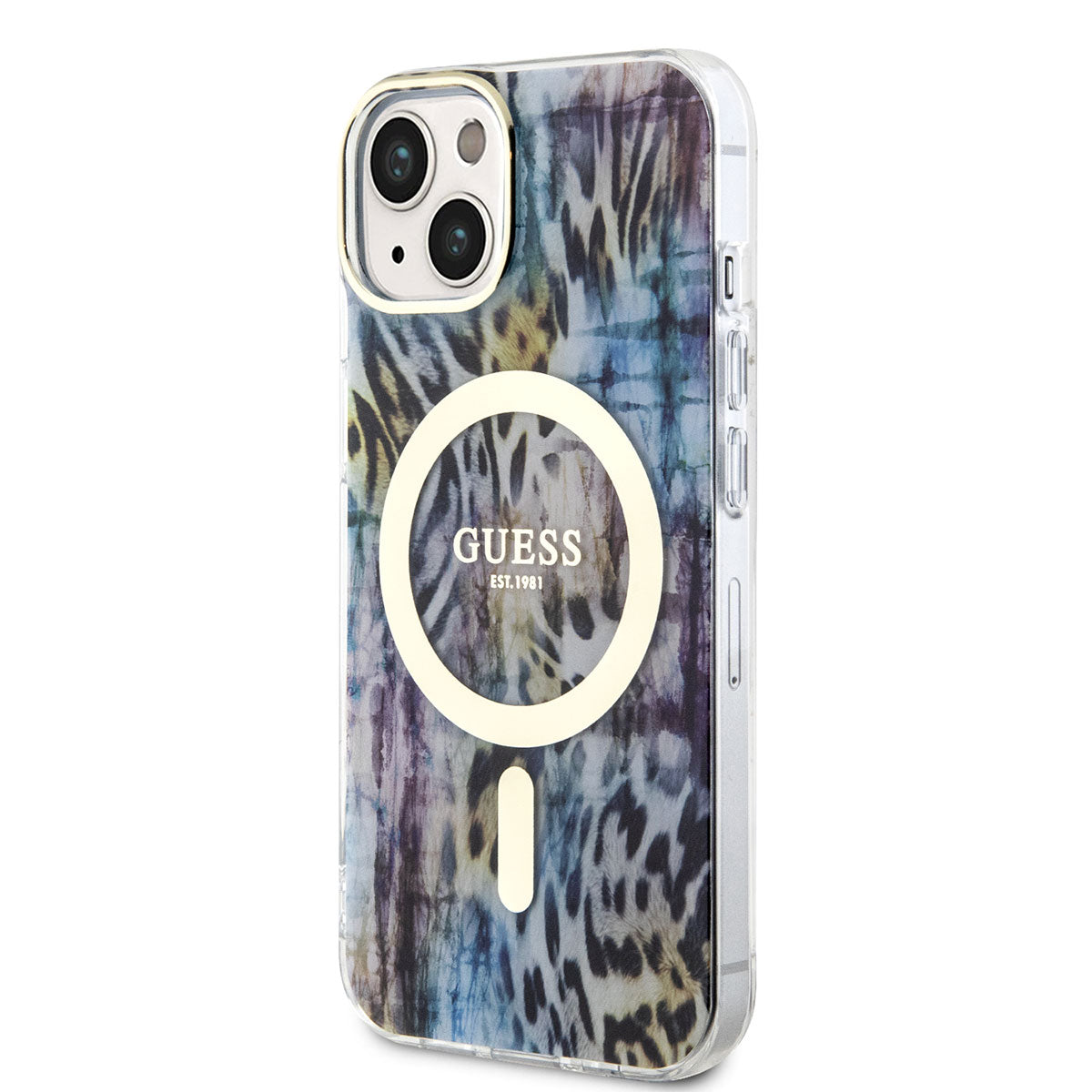 Apple iPhone 14 Kılıf GUESS Magsafe Şarj Özellikli Leopar Desenli Kapak Mavi