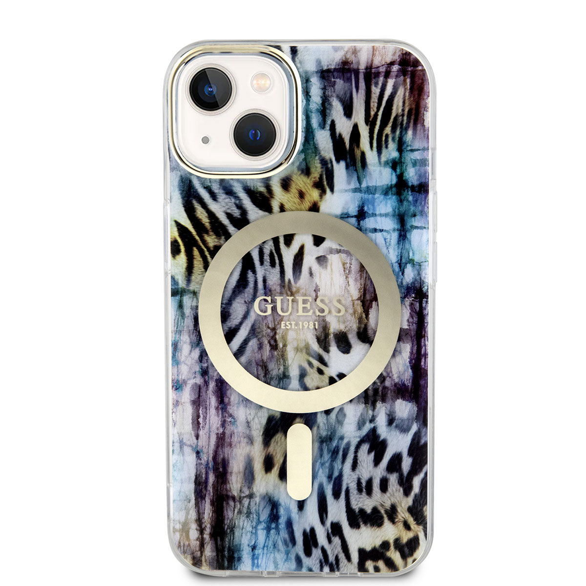 Apple iPhone 14 Kılıf GUESS Magsafe Şarj Özellikli Leopar Desenli Kapak Mavi