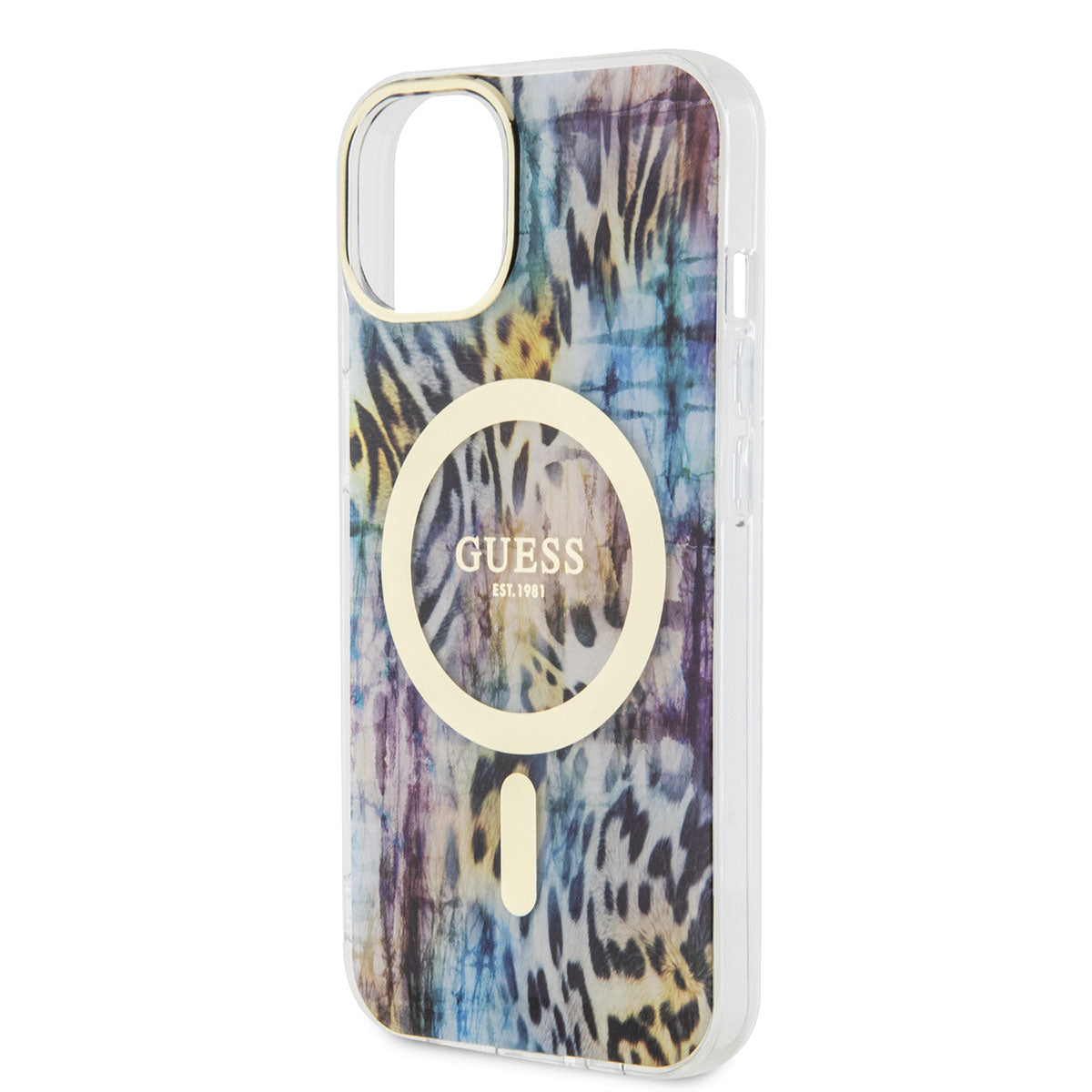 Apple iPhone 14 Kılıf GUESS Magsafe Şarj Özellikli Leopar Desenli Kapak Mavi