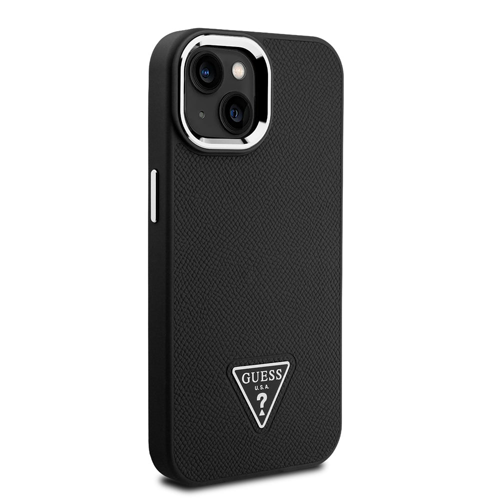 Apple iPhone 14 Kılıf Guess Orjinal Lisanslı M-safe Şarj Özellikli Grained Triangle Kapak Siyah