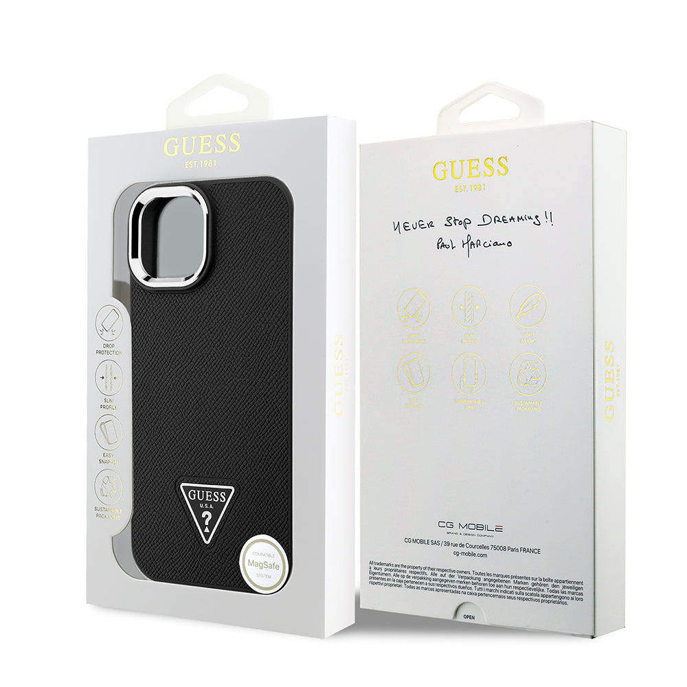 Apple iPhone 14 Kılıf Guess Orjinal Lisanslı M-safe Şarj Özellikli Grained Triangle Kapak Kahverengi