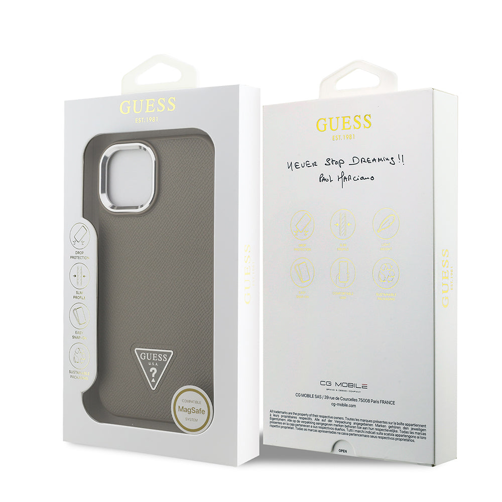 Apple iPhone 14 Kılıf Guess Orjinal Lisanslı M-safe Şarj Özellikli Grained Triangle Kapak Siyah
