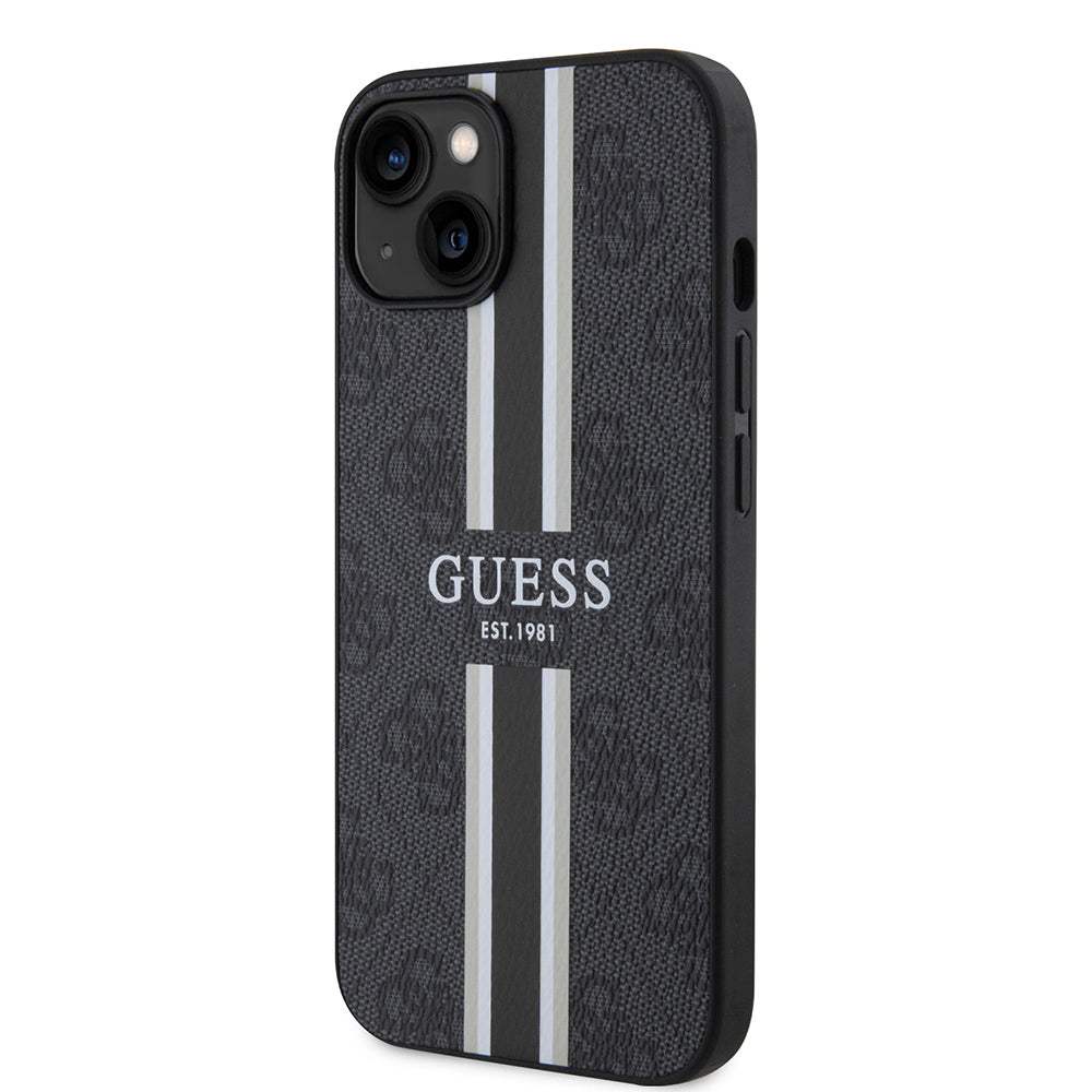 Apple iPhone 14 Kılıf Guess Orjinal Lisanslı Magsafe Şarj Özellikli 4G Şerit Tasarımlı Printed Kapak Siyah