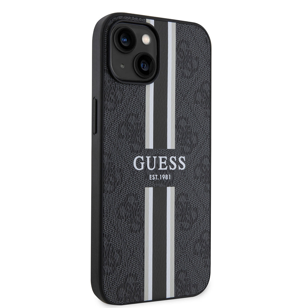 Apple iPhone 14 Kılıf Guess Orjinal Lisanslı Magsafe Şarj Özellikli 4G Şerit Tasarımlı Printed Kapak Kahverengi