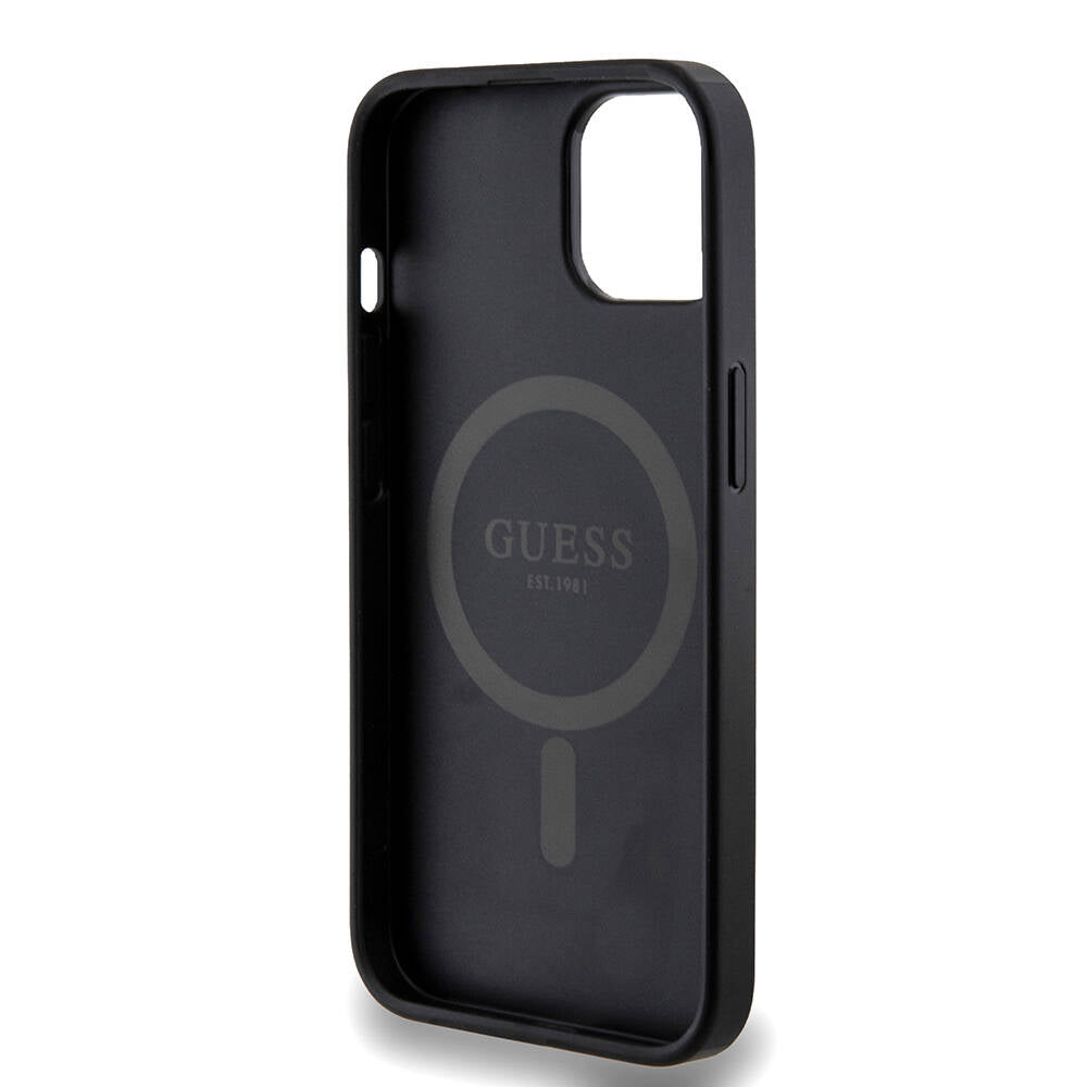 Apple iPhone 14 Kılıf Guess Orjinal Lisanslı Magsafe Şarj Özellikli PU Halkalı 4G Desenli Yazı Logolu Kapak Kahverengi