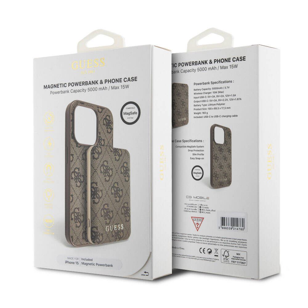 Apple iPhone 14 Kılıf Guess Orjinal Lisanslı Magsafe Şarj Özellikli Yazı Logolu 4G Desenli Kapak + Powerbank 5000mAh 2in1 Set Kahverengi
