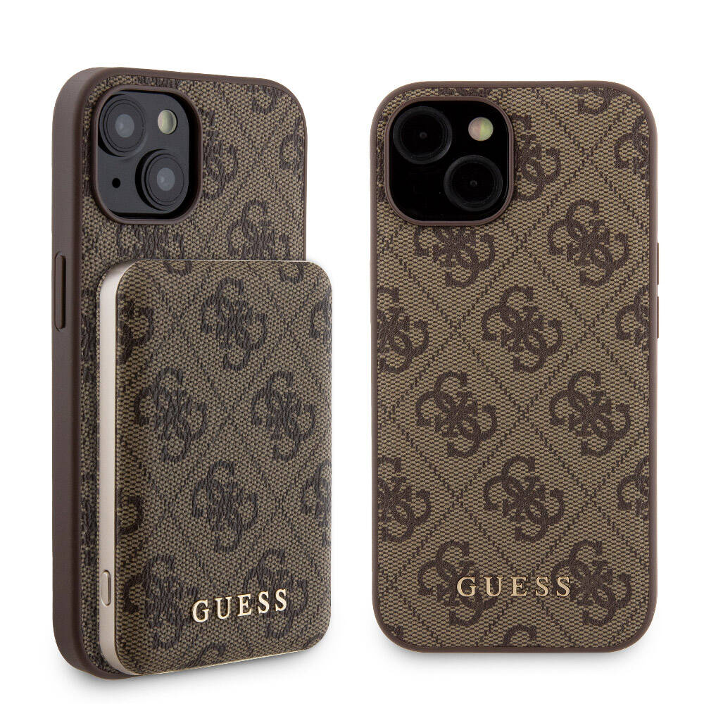 Apple iPhone 14 Kılıf Guess Orjinal Lisanslı Magsafe Şarj Özellikli Yazı Logolu 4G Desenli Kapak + Powerbank 5000mAh 2in1 Set Kahverengi