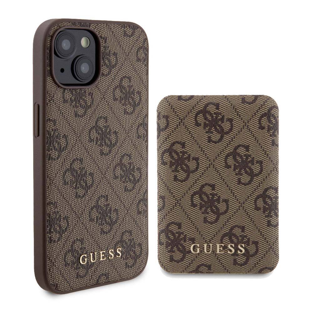 Apple iPhone 14 Kılıf Guess Orjinal Lisanslı Magsafe Şarj Özellikli Yazı Logolu 4G Desenli Kapak + Powerbank 5000mAh 2in1 Set Kahverengi