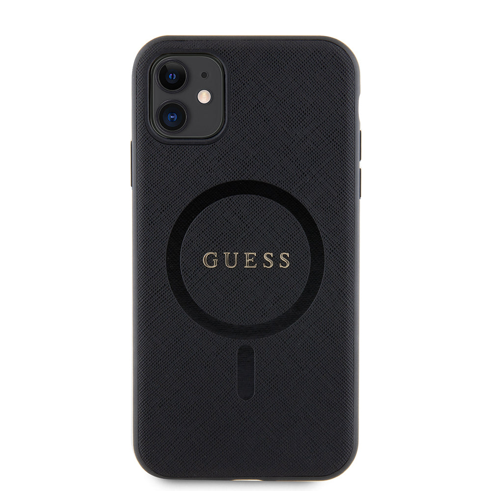 Apple iPhone 14 Kılıf Guess Orjinal Lisanslı Magsafe Şarj Özellikli Yazı Logolu Saffiano Classic Kapak Siyah