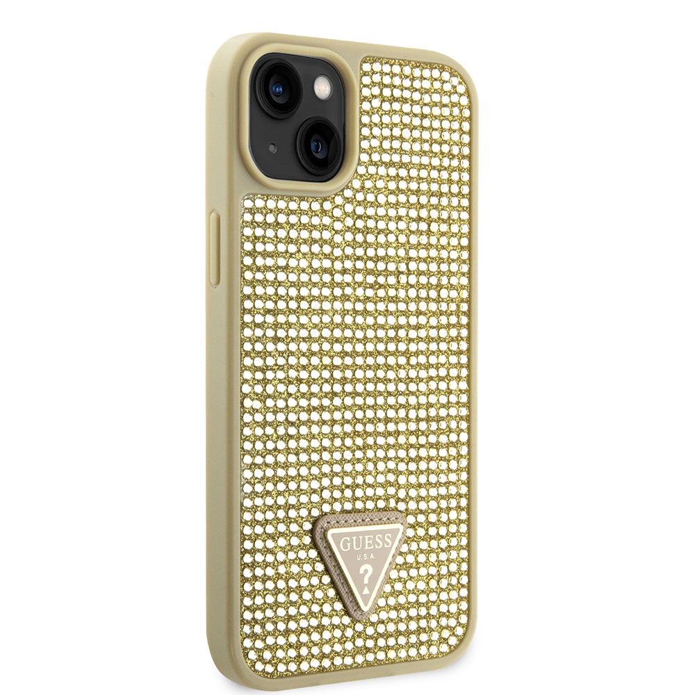 Apple iPhone 14 Kılıf Guess Orjinal Lisanslı Taşlı Arka Yüzey Üçgen Logolu Kapak Pembe