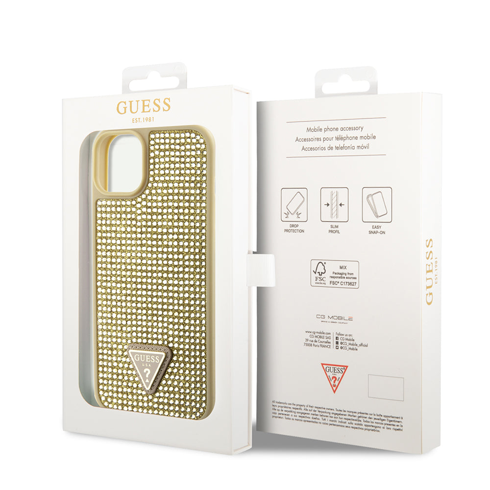 Apple iPhone 14 Kılıf Guess Orjinal Lisanslı Taşlı Arka Yüzey Üçgen Logolu Kapak Pembe