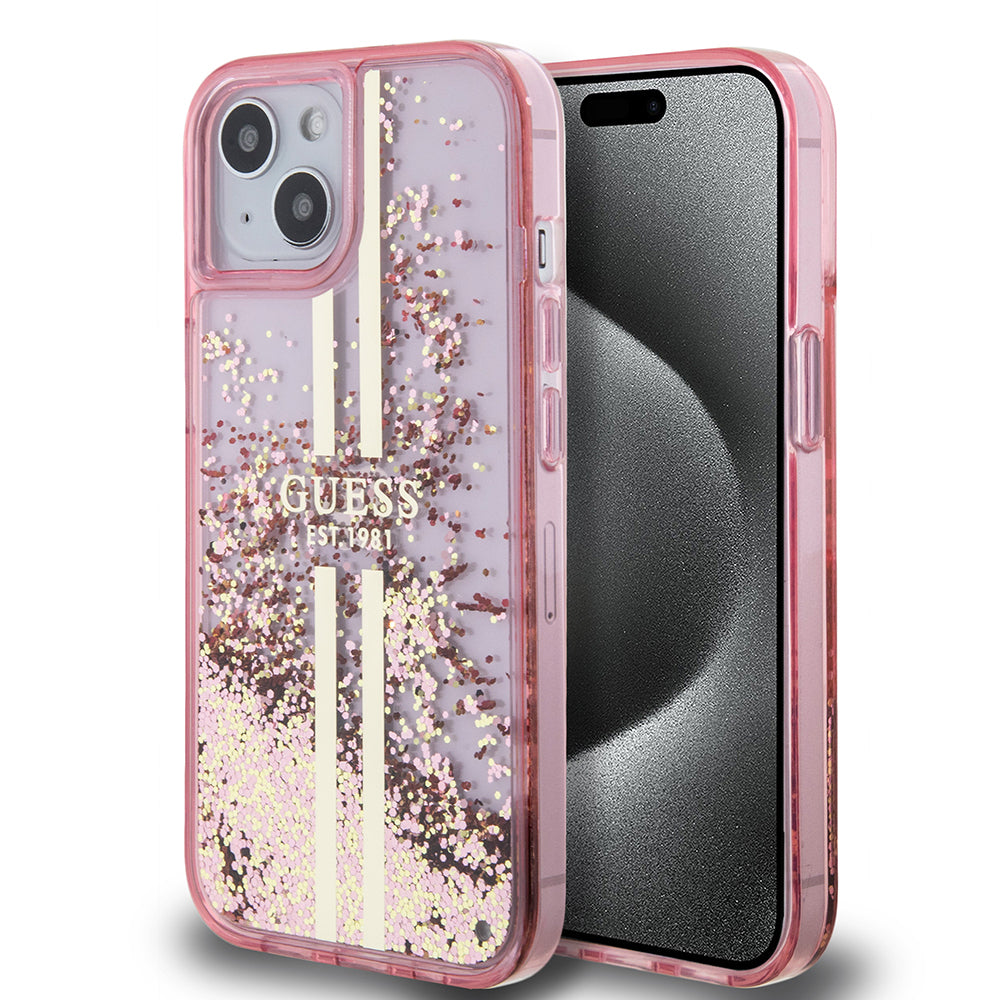 Apple iPhone 14 Kılıf Guess Orjinal Lisanslı Transparan Sıvılı Simli Altın Çizgili Kapak Mor
