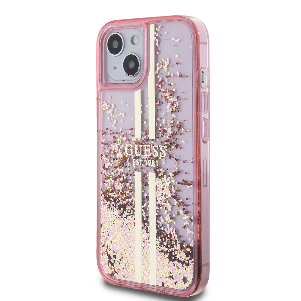 Apple iPhone 14 Kılıf Guess Orjinal Lisanslı Transparan Sıvılı Simli Altın Çizgili Kapak Pembe