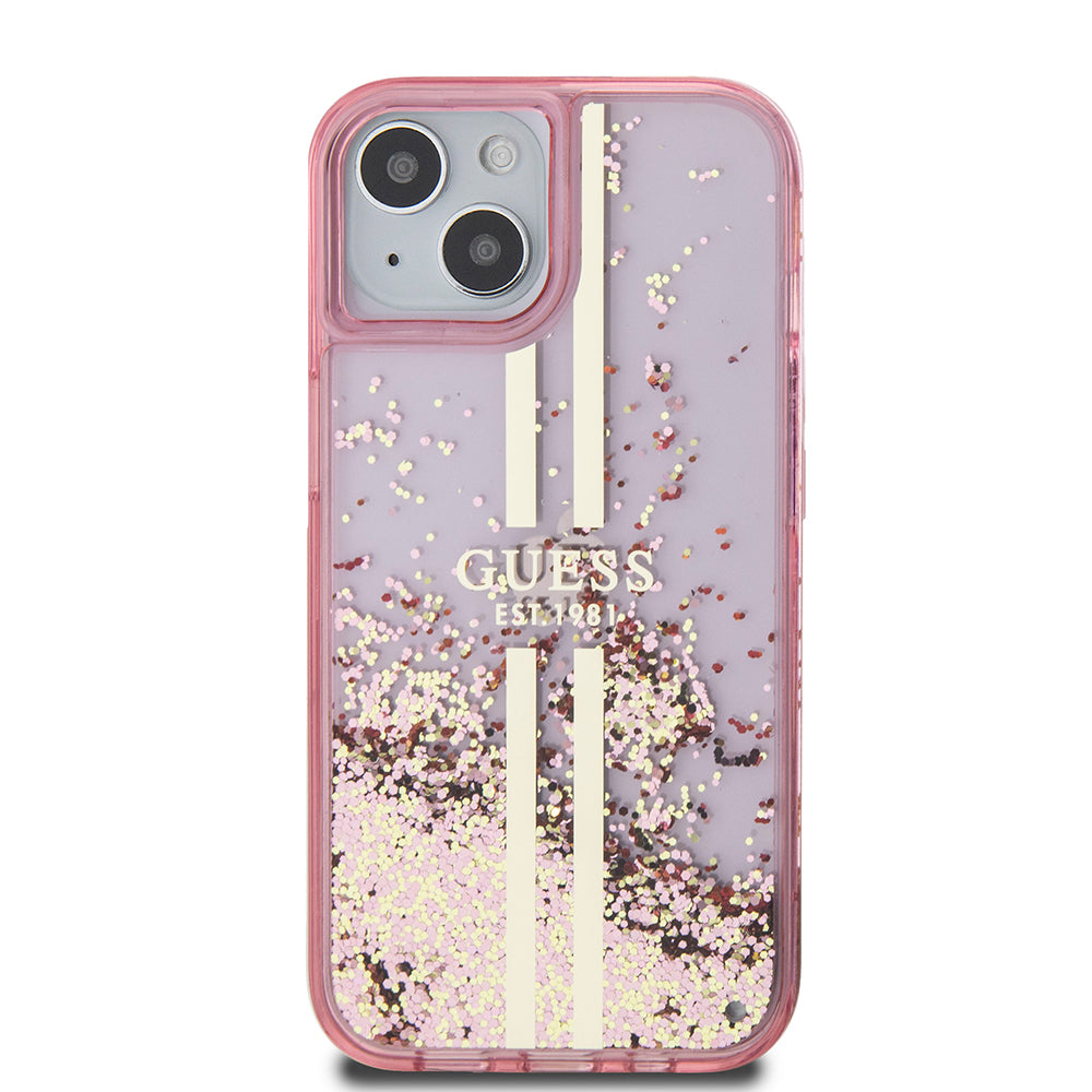 Apple iPhone 14 Kılıf Guess Orjinal Lisanslı Transparan Sıvılı Simli Altın Çizgili Kapak Mor