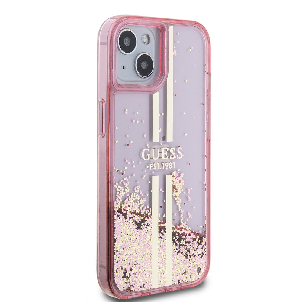 Apple iPhone 14 Kılıf Guess Orjinal Lisanslı Transparan Sıvılı Simli Altın Çizgili Kapak Mor