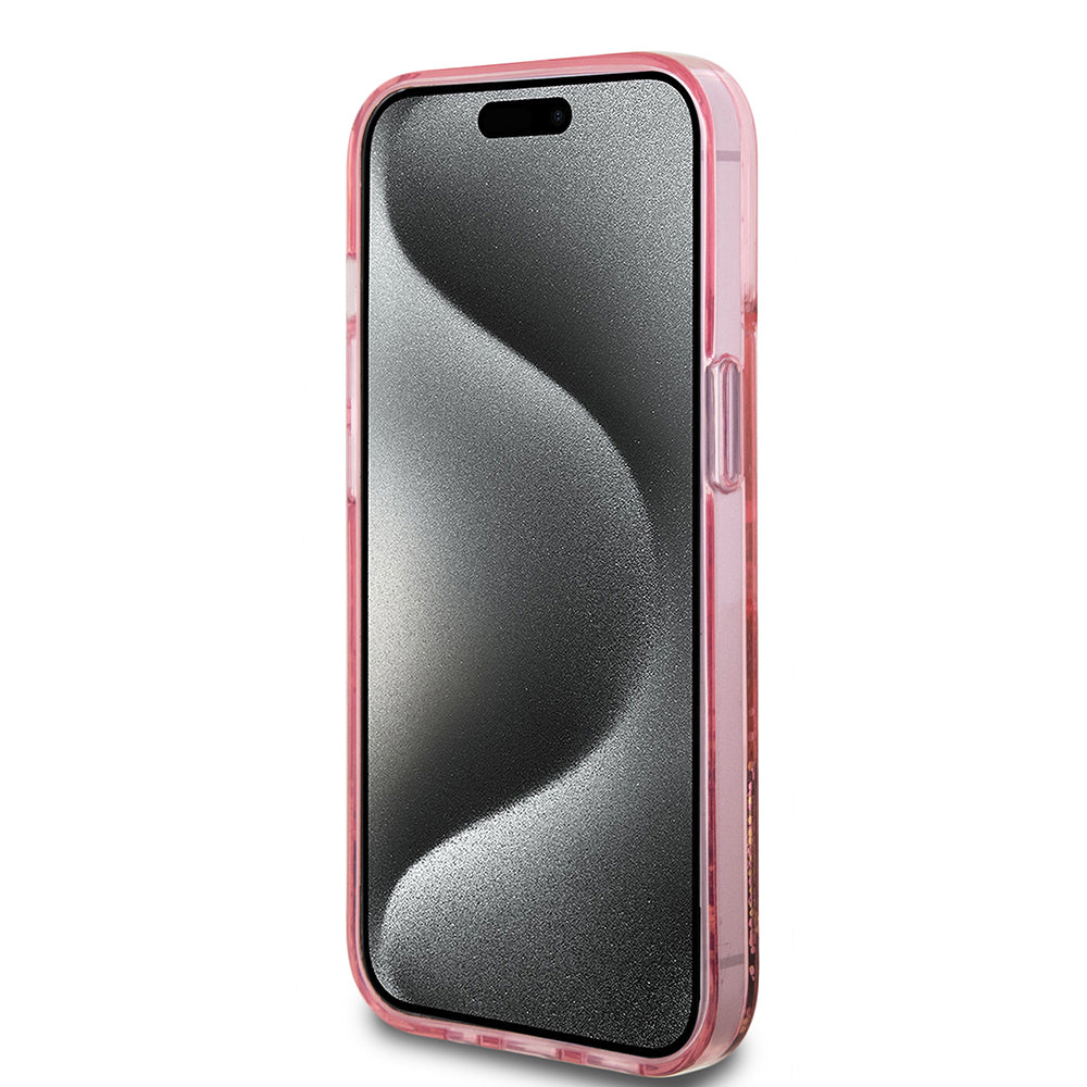 Apple iPhone 14 Kılıf Guess Orjinal Lisanslı Transparan Sıvılı Simli Altın Çizgili Kapak Pembe