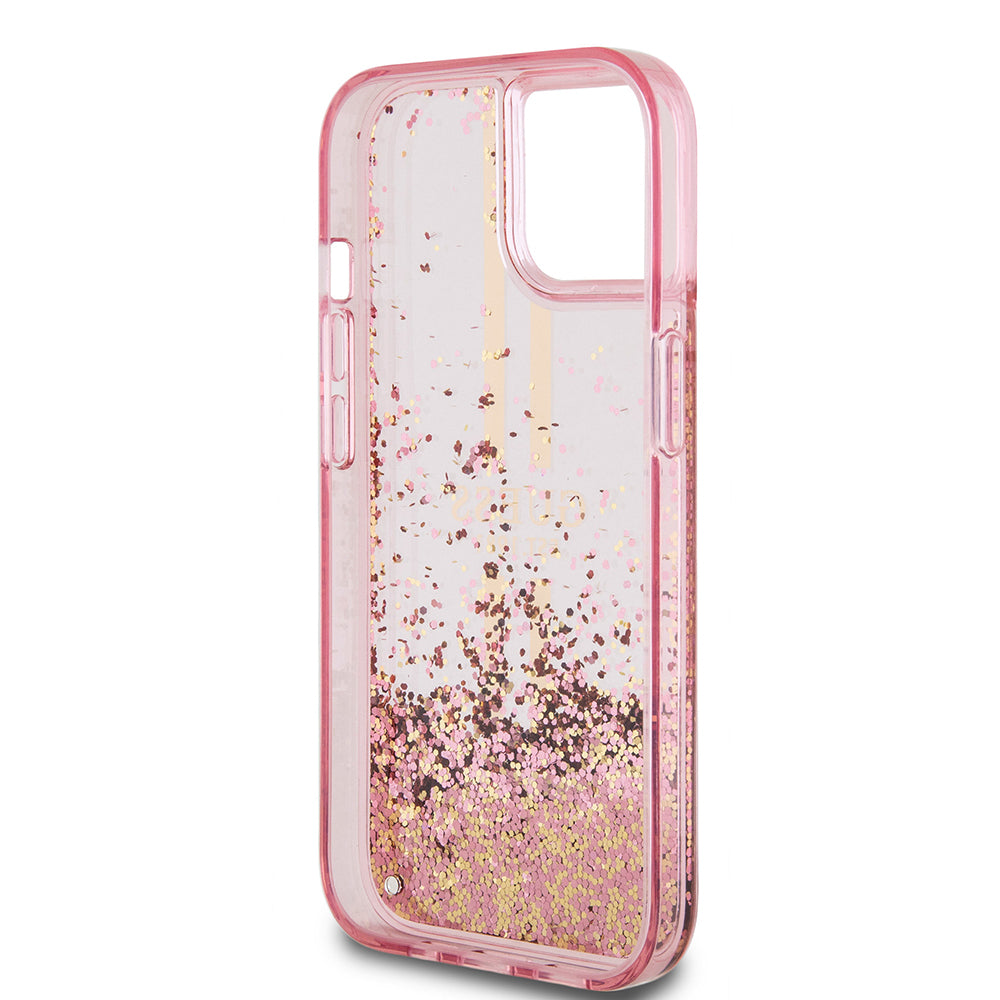 Apple iPhone 14 Kılıf Guess Orjinal Lisanslı Transparan Sıvılı Simli Altın Çizgili Kapak Pembe