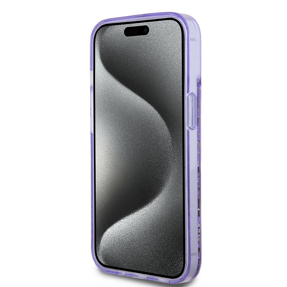 Apple iPhone 14 Kılıf Guess Orjinal Lisanslı Transparan Sıvılı Simli Altın Çizgili Kapak Pembe