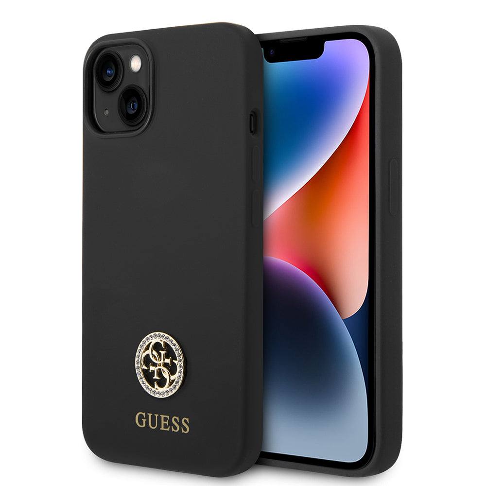 Apple iPhone 14 Kılıf Guess Orjinal Lisanslı Yazı ve Taşlı 4G Logolu Silikon Kapak Siyah