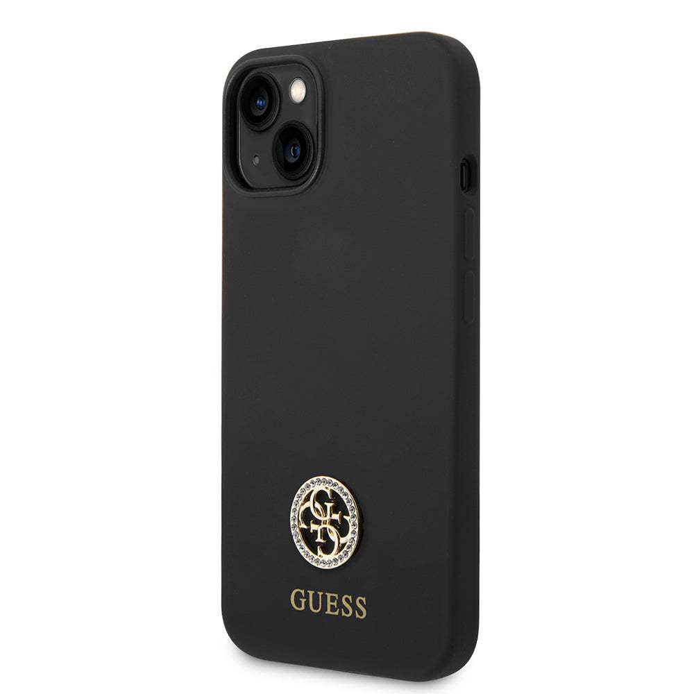 Apple iPhone 14 Kılıf Guess Orjinal Lisanslı Yazı ve Taşlı 4G Logolu Silikon Kapak Siyah