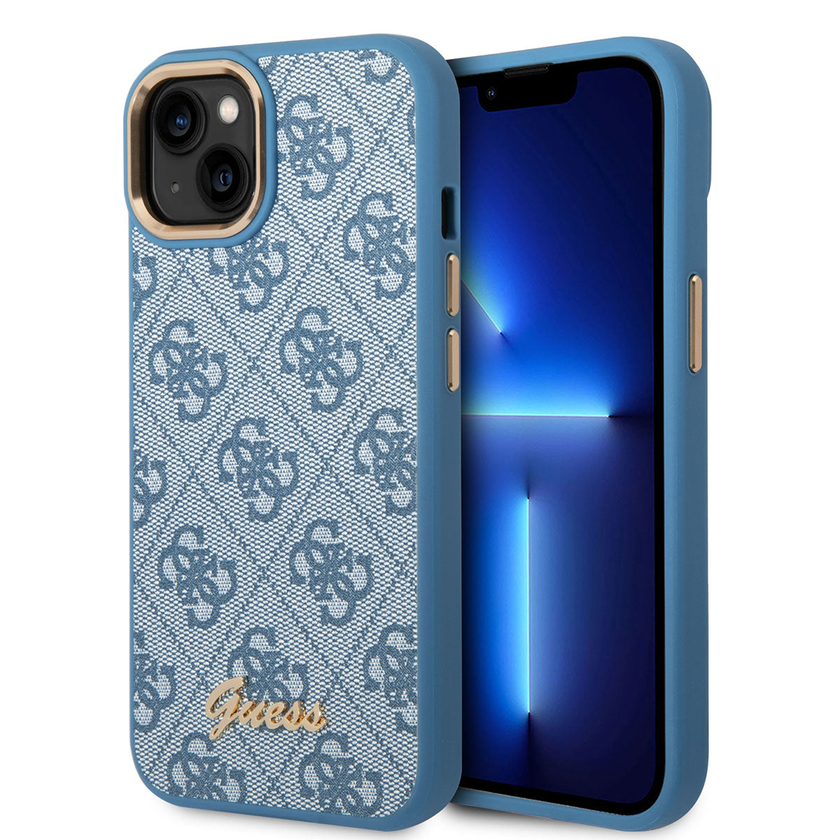 Apple iPhone 14 Kılıf GUESS PU Deri Metal Logo Dizaynlı Kapak Mavi