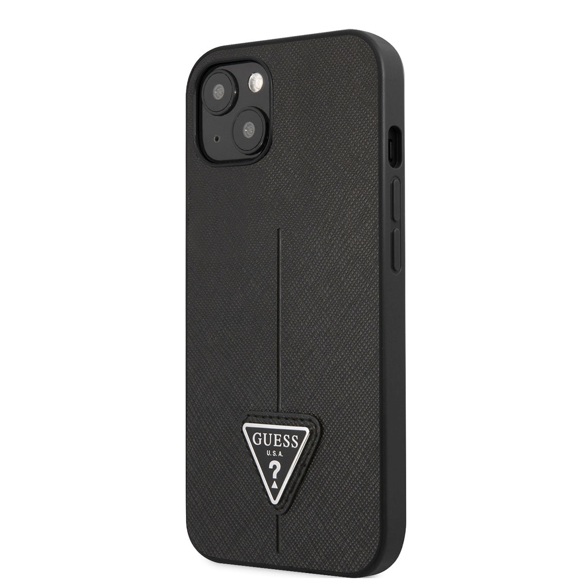 Apple iPhone 14 Kılıf GUESS PU Safran Deri Üçgen Logo Dizayn Kapak Siyah