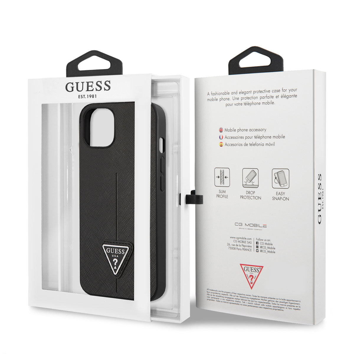Apple iPhone 14 Kılıf GUESS PU Safran Deri Üçgen Logo Dizayn Kapak Siyah