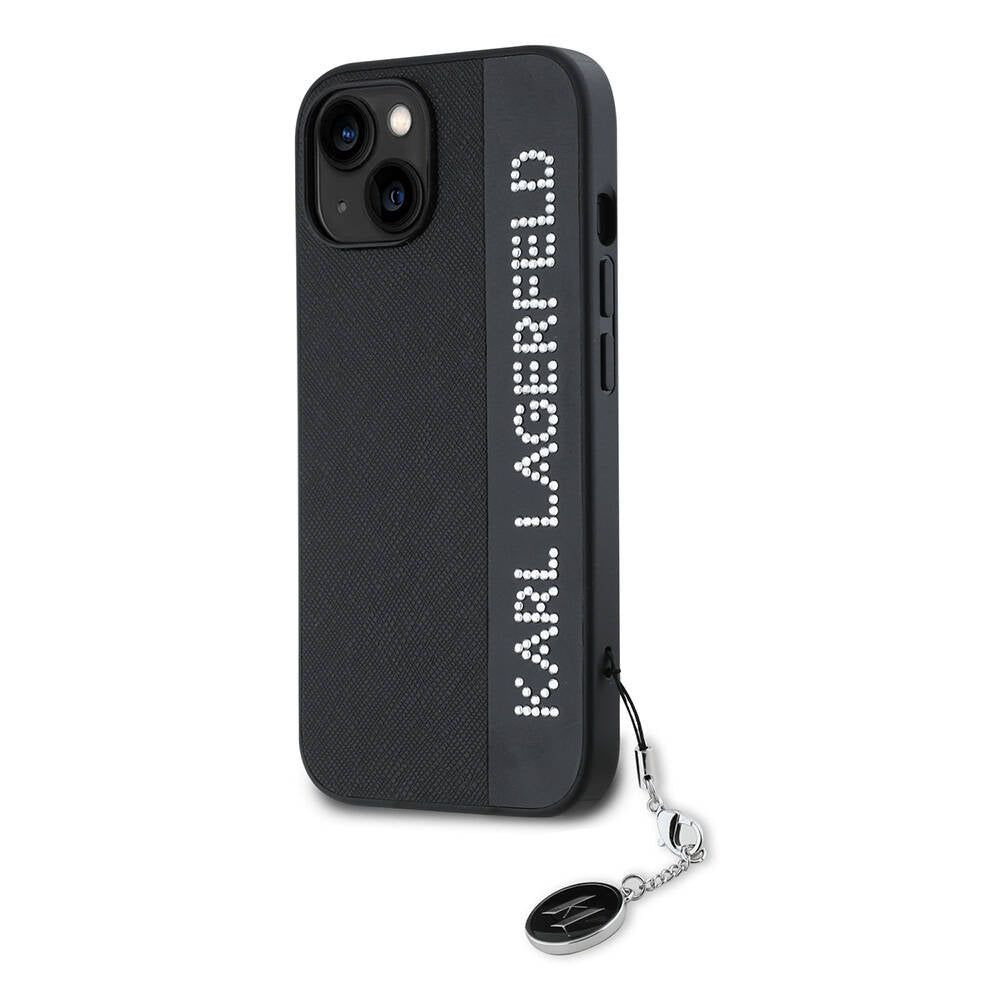 iPhone 14 Kılıf Karl Lagerfeld Orjinal Lisanslı Anahtarlıklı Taşlı KL Yazılı Saffiano Rhinestones Kılıf Siyah