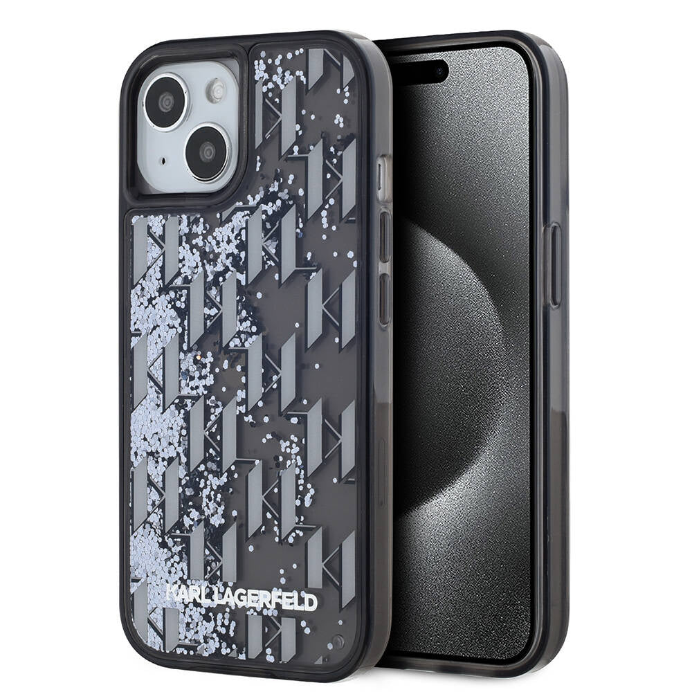 iPhone 14 Kılıf Karl Lagerfeld Orjinal Lisanslı Simli KL Yazılı Monogram Gradıent Kılıf Siyah