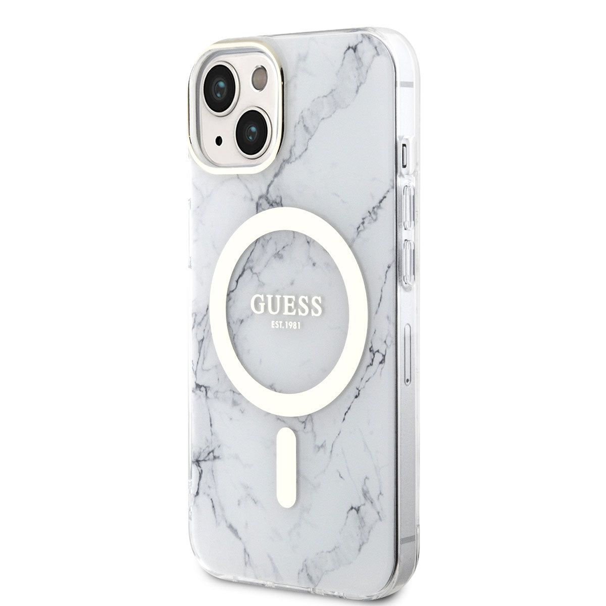 Apple iPhone 14 Plus Kılıf GUESS Magsafe Şarj Özellikli Mermer Desenli Kapak Beyaz