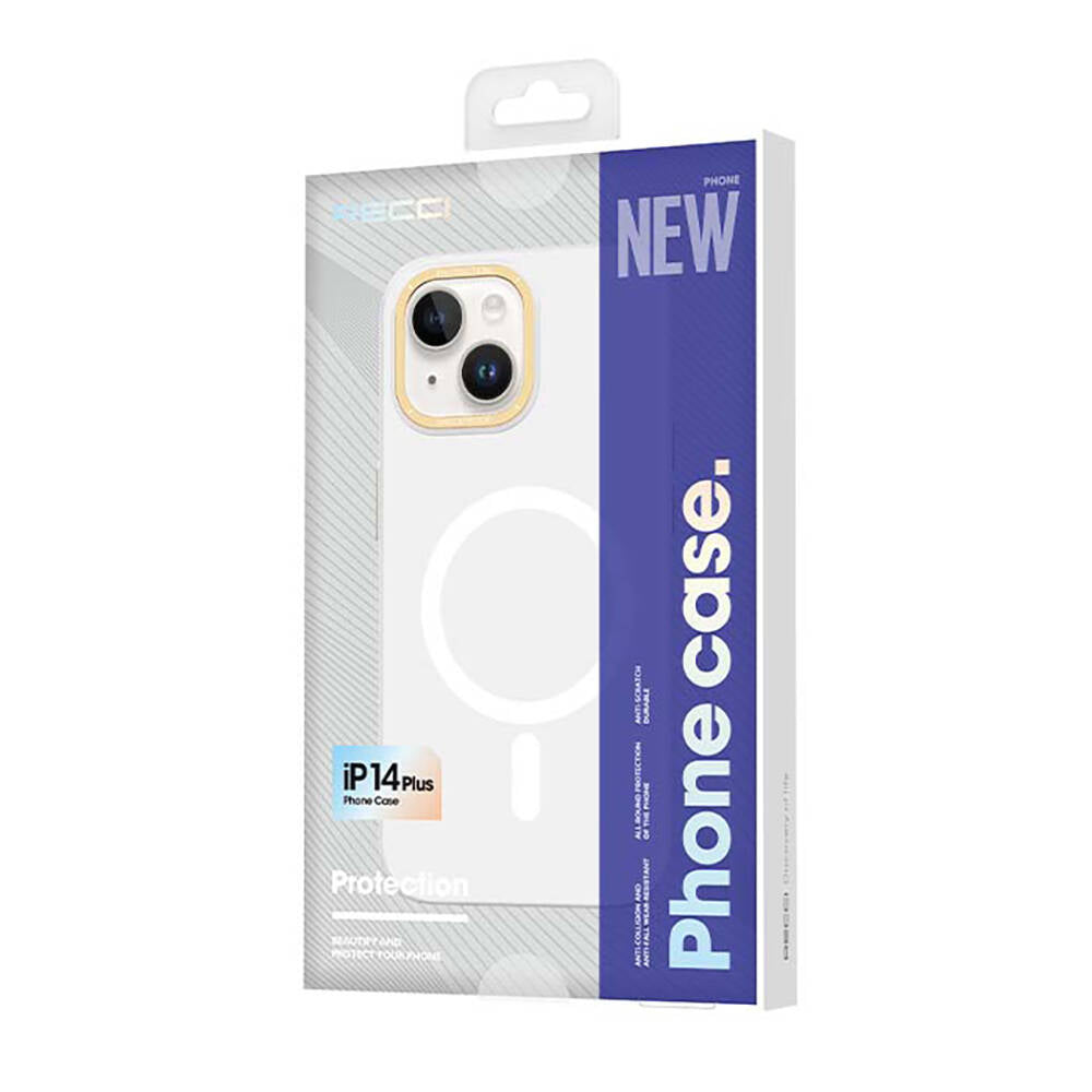iPhone 14 Plus Kılıf Magsafe Şarj Özellikli Metal Kamera Çerçeveli Recci Glaze Serisi Kılıf Beyaz