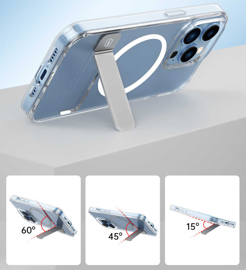 iPhone 14 Plus Kılıf Standlı Magsafe Wireless Şarj Özellikli Wiwu Aurora Serisi Kılıf Renksiz
