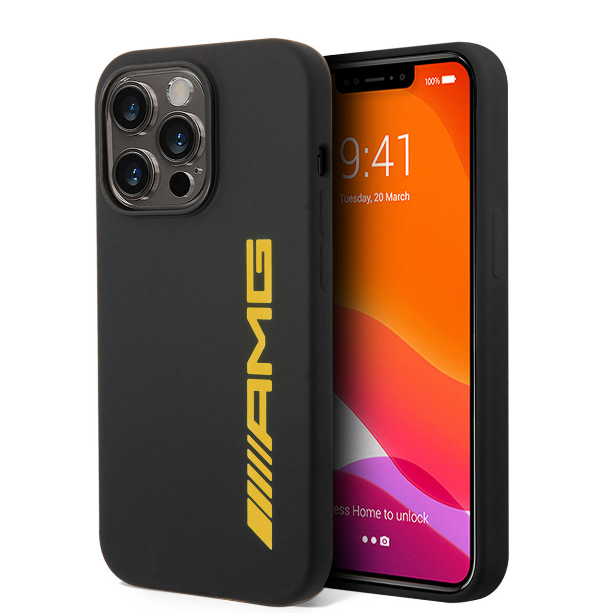 iPhone 14 Pro Kılıf AMG Silikon Büyük Sarı Logo Dizayn Kılıf Siyah-Sarı