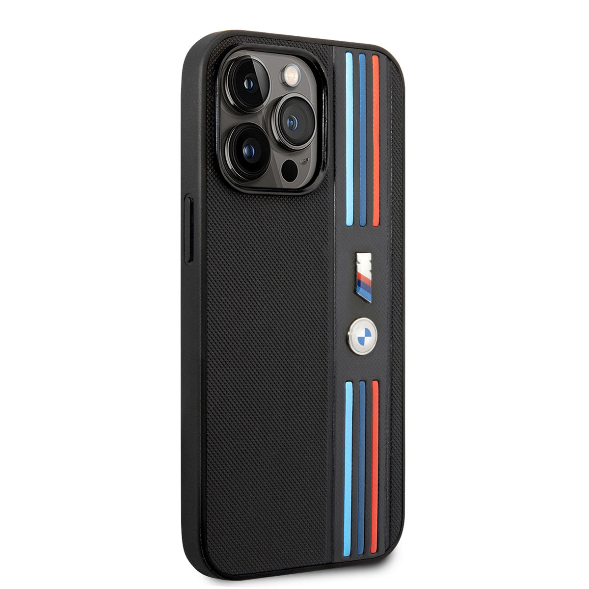 iPhone 14 Pro Kılıf BMW PU Deri 3 Renkli Çizgili Örgü Dizayn Kılıf Siyah